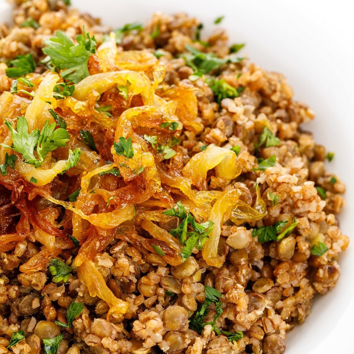 Lentils and Bulgur Wheat with Caramelized Onions