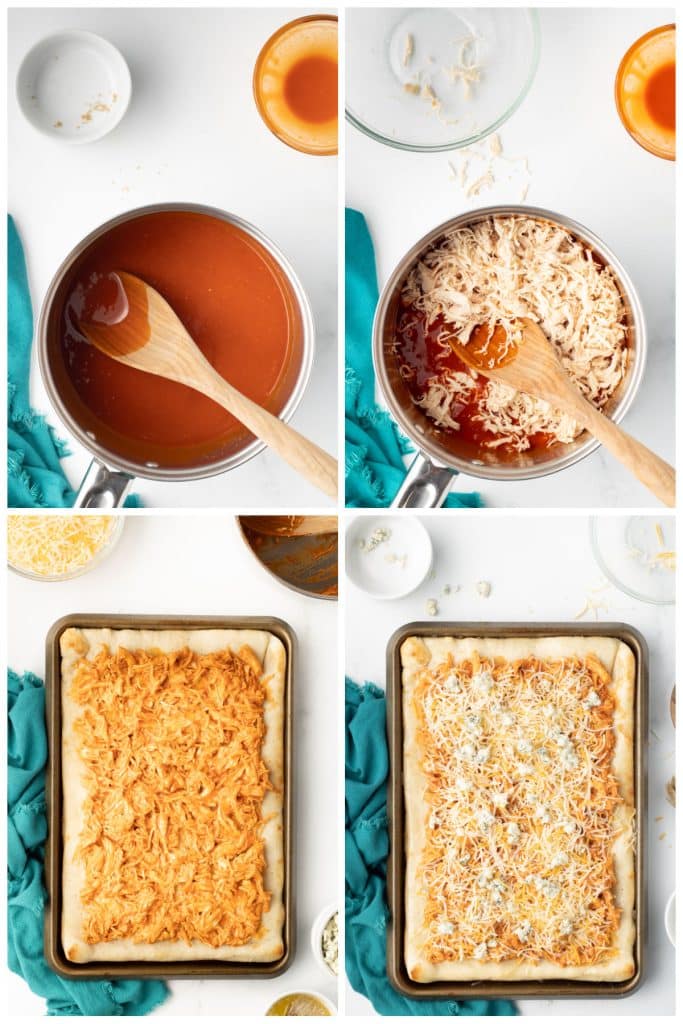 collage of 4 photos showing the process of making buffalo chicken pizza.