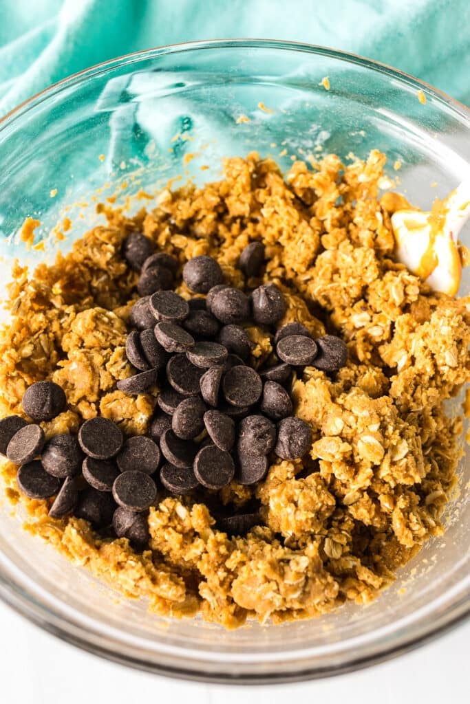 overhead shot of mixing bowl with oatmeal mixture and chocolate chips.