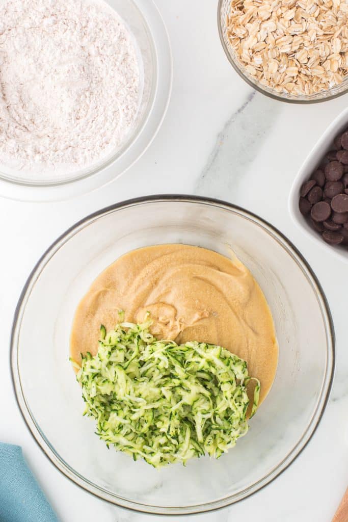 mixing bowl with shredded zucchini.
