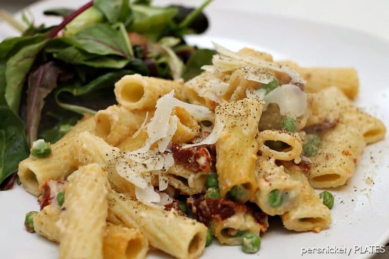 Baked Rigatoni with Sun Dried Tomatoes & Peas | Persnickety Plates