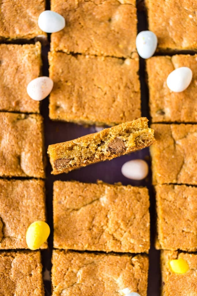 overhead shot of cookie bars with cadbury mini eggs.