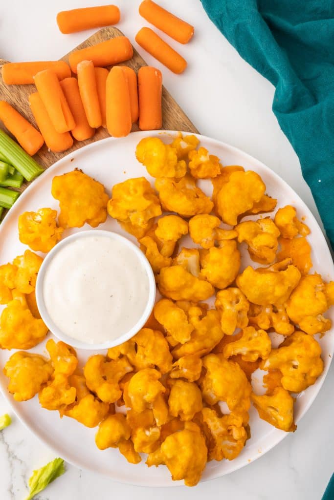 overhead shot of buffalo cauliflower with ranch dip.