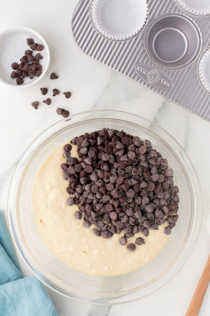 overhead shot of muffin batter with chocolate chips in a mixing bowl.