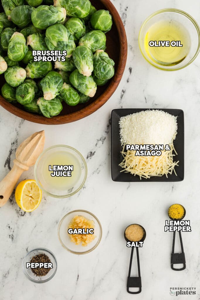 overhead shot of labeled ingredients laid out to make lemon garlic brussels sprouts.