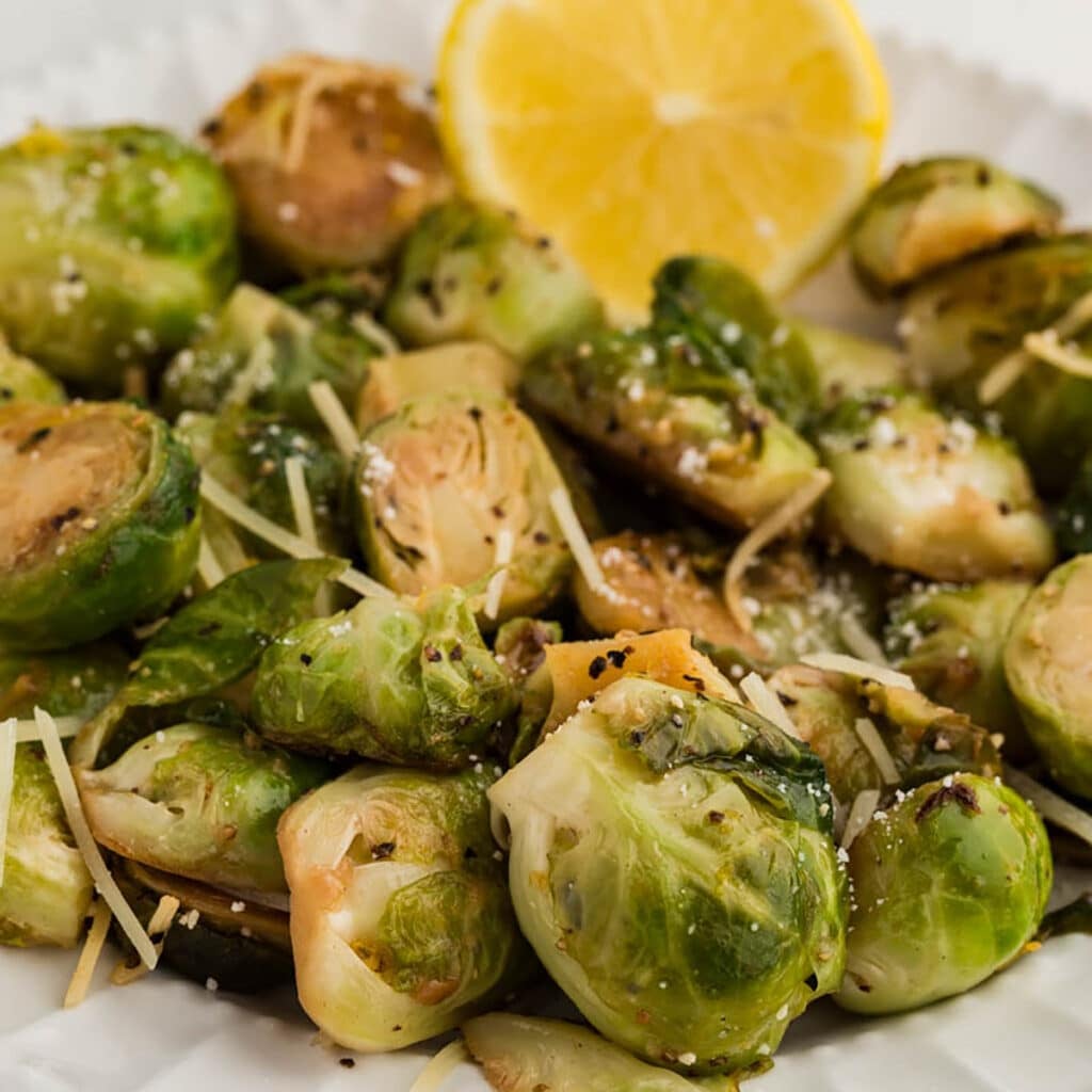 bowl of lemon garlic parmesan brussels sprouts.