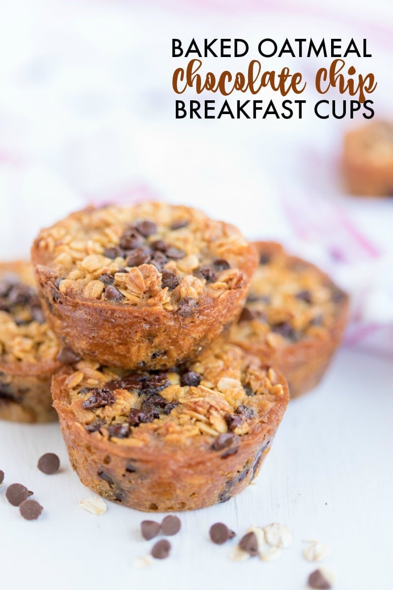 Baked Oatmeal Chocolate Chip Breakfast Cups are the perfect option for on-the-go breakfast! Swap out the chocolate chips for fruit, nuts, or spices for variety. | www.persnicketyplates.com stack of 4 Baked Oatmeal Breakfast Cups with mini chocolate chips scattered around and text overlay