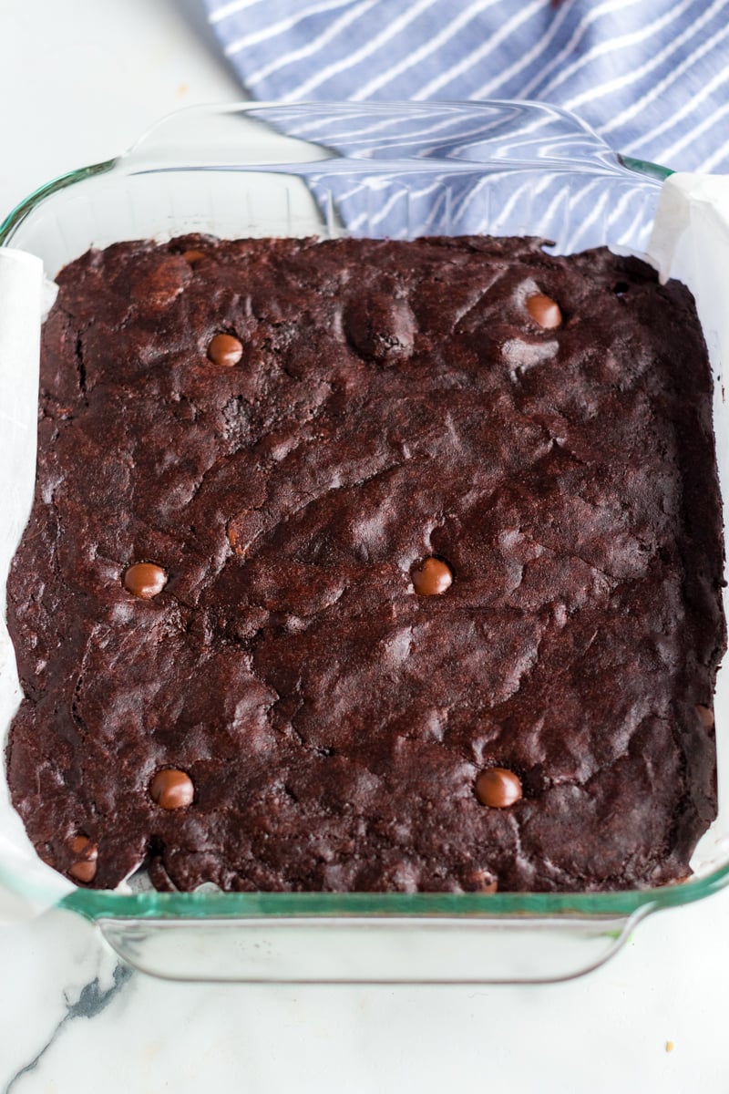 Coconut Oil Dark Chocolate Brownies are made with coconut oil instead of butter. Only 6 simple ingredients in these "from scratch" brownies - give them a shot! | www.persnicketyplates.com cooling pan of coconut oil dark chocolate brownies