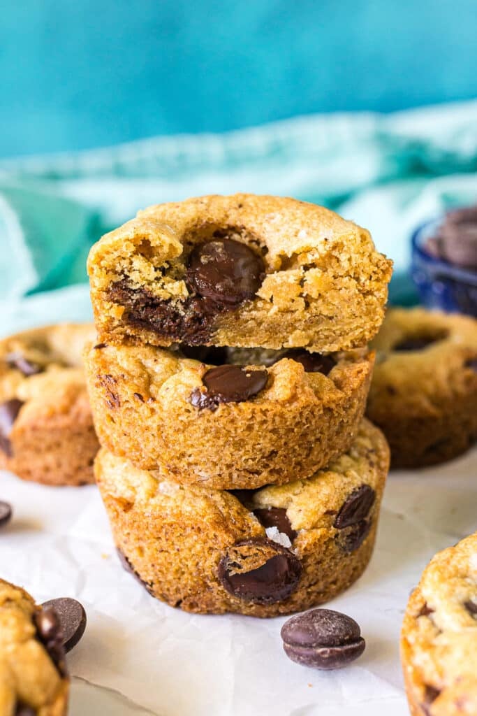 stack of 3 chocolate chip cookie cups.