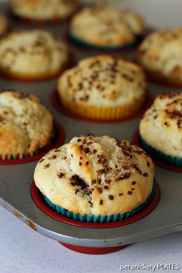 Cream Cheese Chocolate & Peanut Butter Chip Muffins - a deliciously soft muffin that verges on a cupcake!