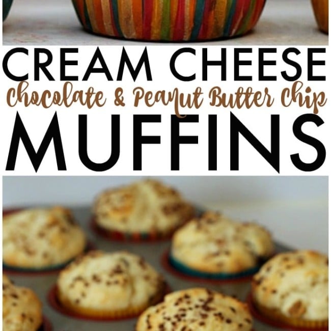 Cream Cheese Chocolate & Peanut Butter Chip Muffins - a deliciously soft muffin that verges on a cupcake!