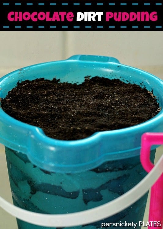 chocolate dirt pudding in a bucket Chocolate Dirt Pudding is no-bake, delicious, and fun for any occasion. This Oreo dirt pudding recipe with chocolate pudding is a crowd favorite. Serve it in a bucket for added effect! | www.persnicketyplates.com