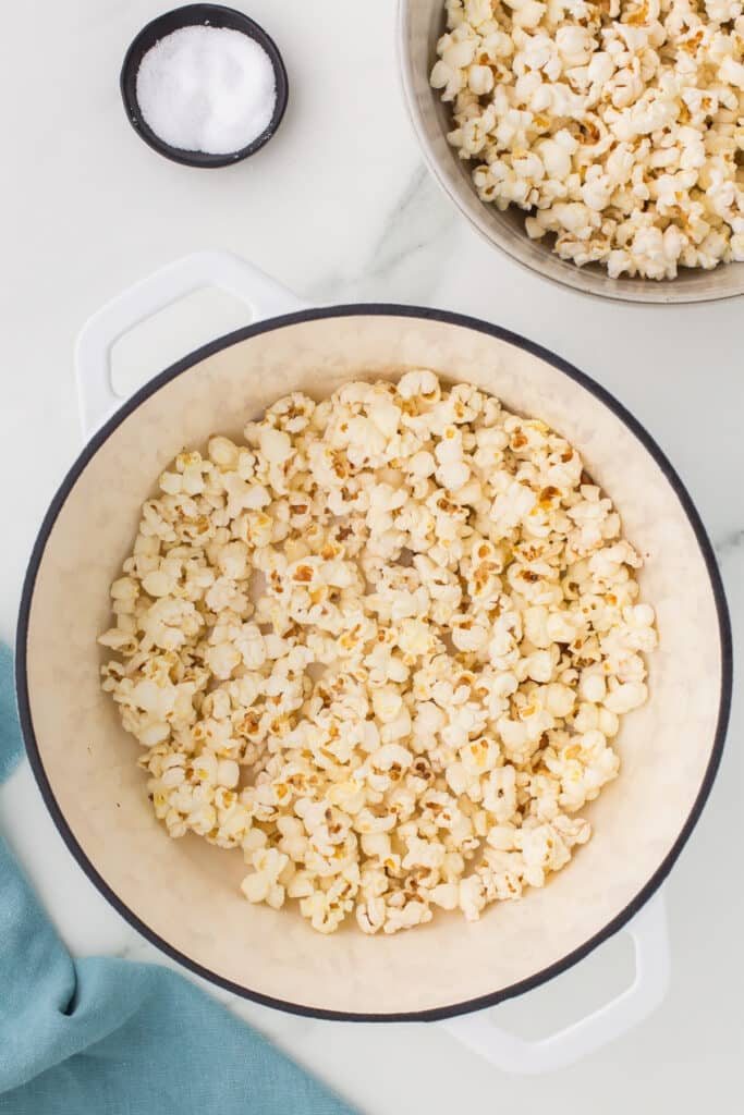 freshly popped popcorn in a pot.