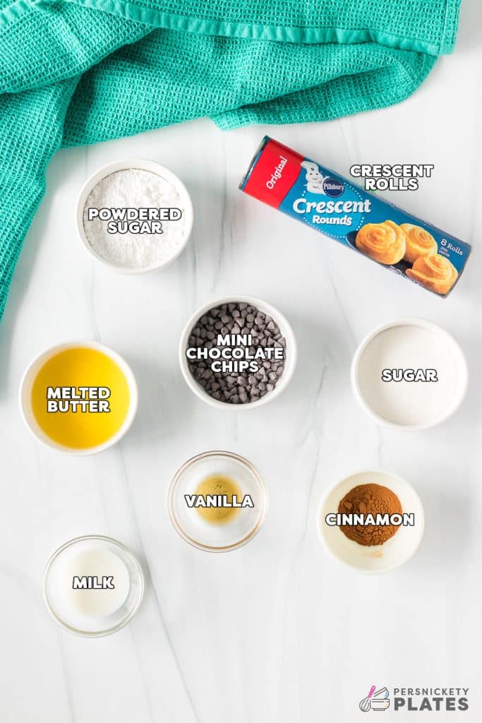 overhead shot of labeled ingredients laid out to make crescent roll cinnamon rolls.