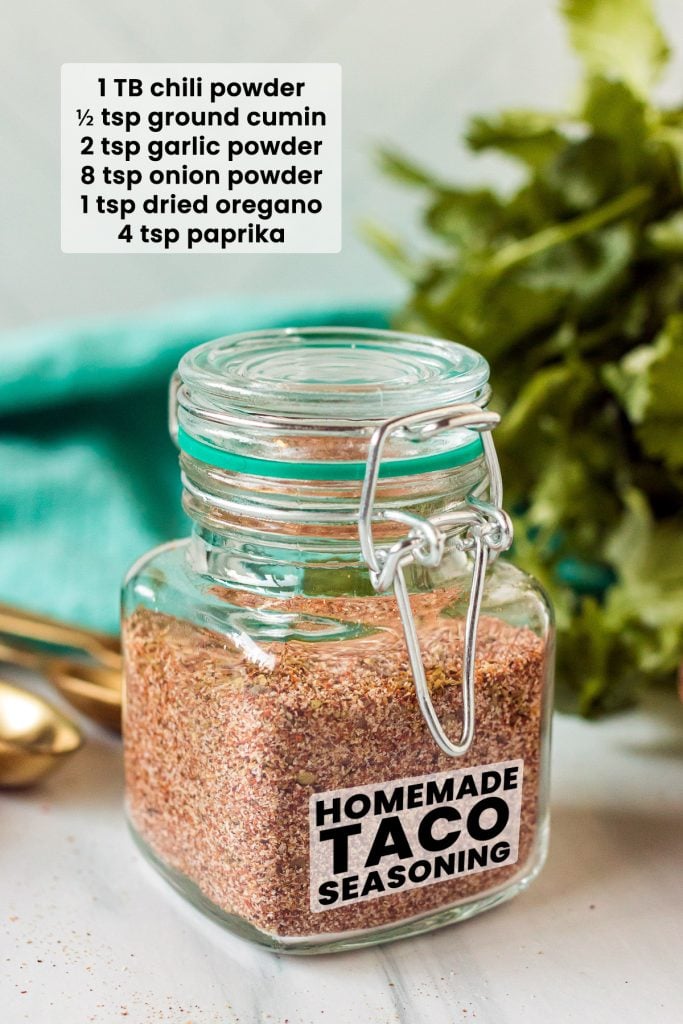 homemade taco seasoning mix in a glass hinge top jar