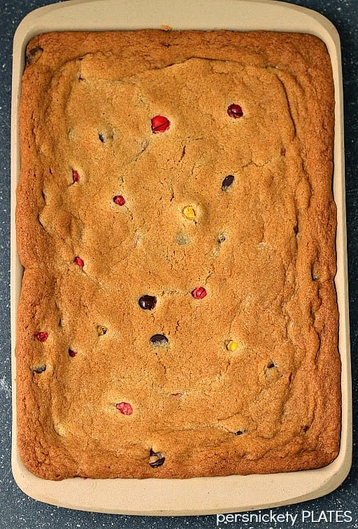 Coconut Oil Cookie Bars stuffed with Dark Chocolate Chips and Peanut Butter M&Ms! | Persnickety Plates