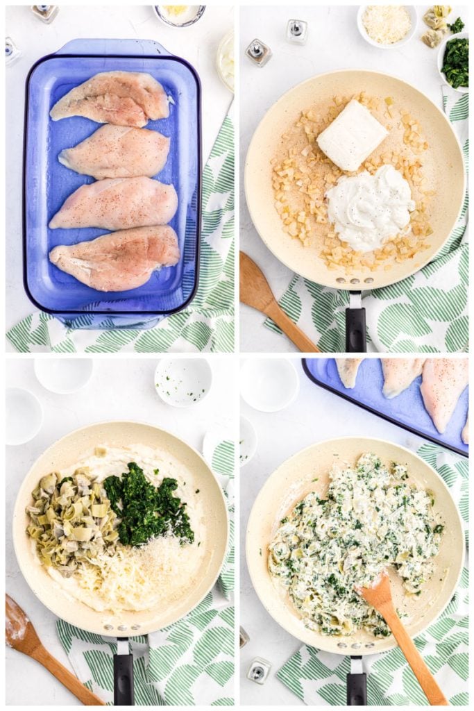 collage of four photos showing a chicken casserole being assembled.