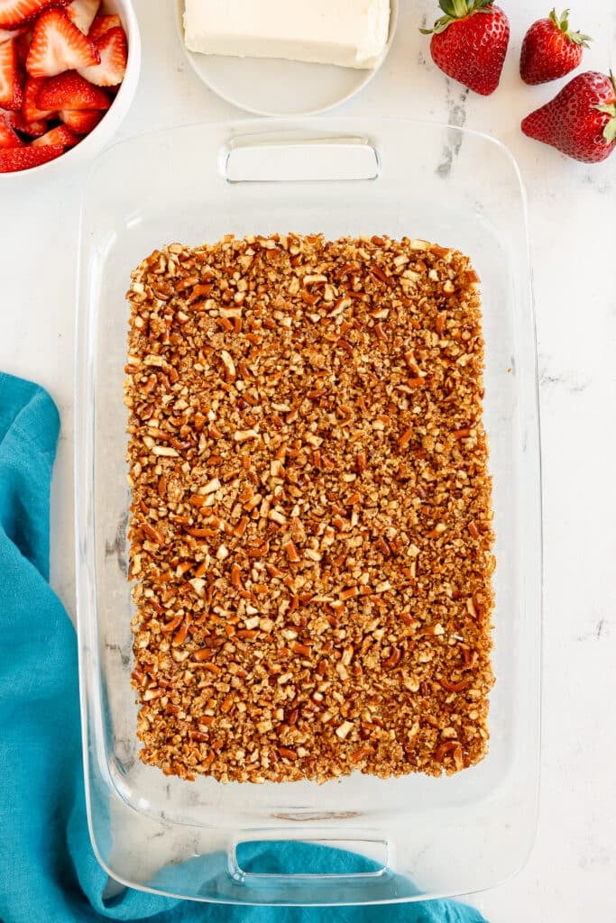 pretzel crust in a baking dish.