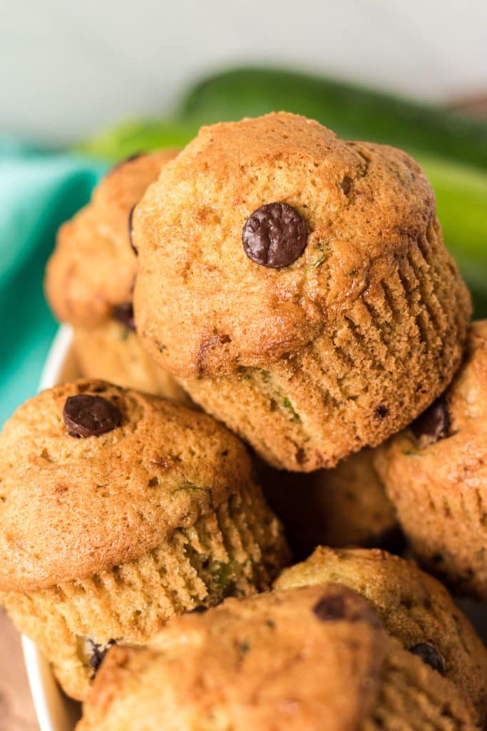 bowl of zucchini muffins with chocolate chips.