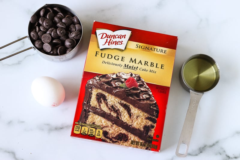 fudge marble cake mix box and ingredients