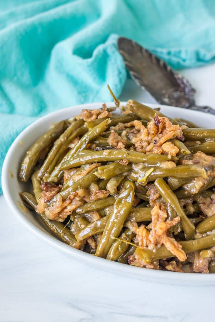 serving dish of green bean casserole.