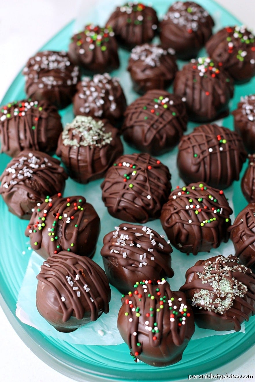 platter of chocolate oreo bon bons with christmas sprinkles