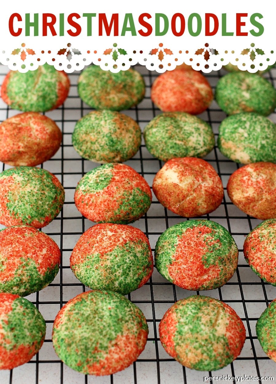 red and green snickerdoodles on wire cooling rack