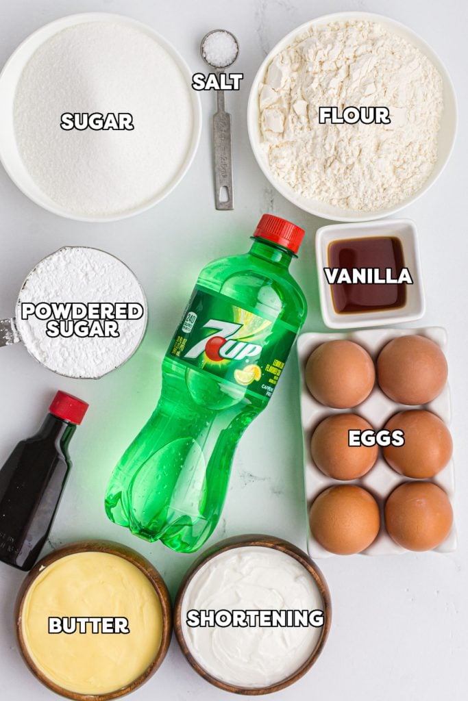 overhead shot of labeled ingredients laid out to make 7up cake.