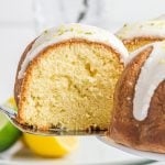 slice of 7 up cake being pulled bundt cake.