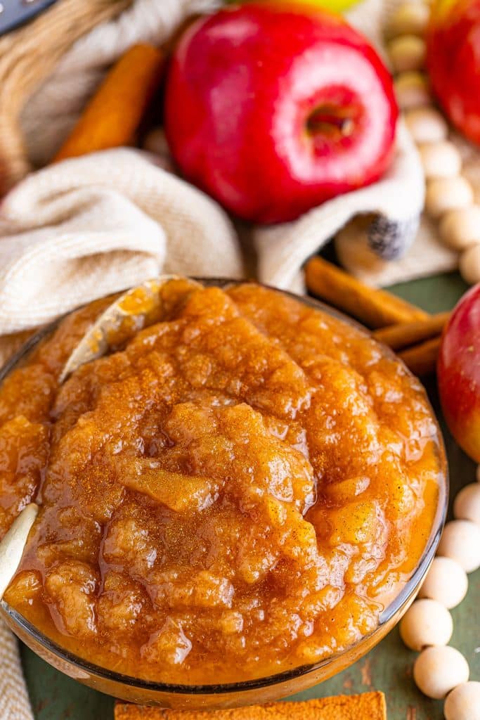 overhead shot of a bowl of applesauce.