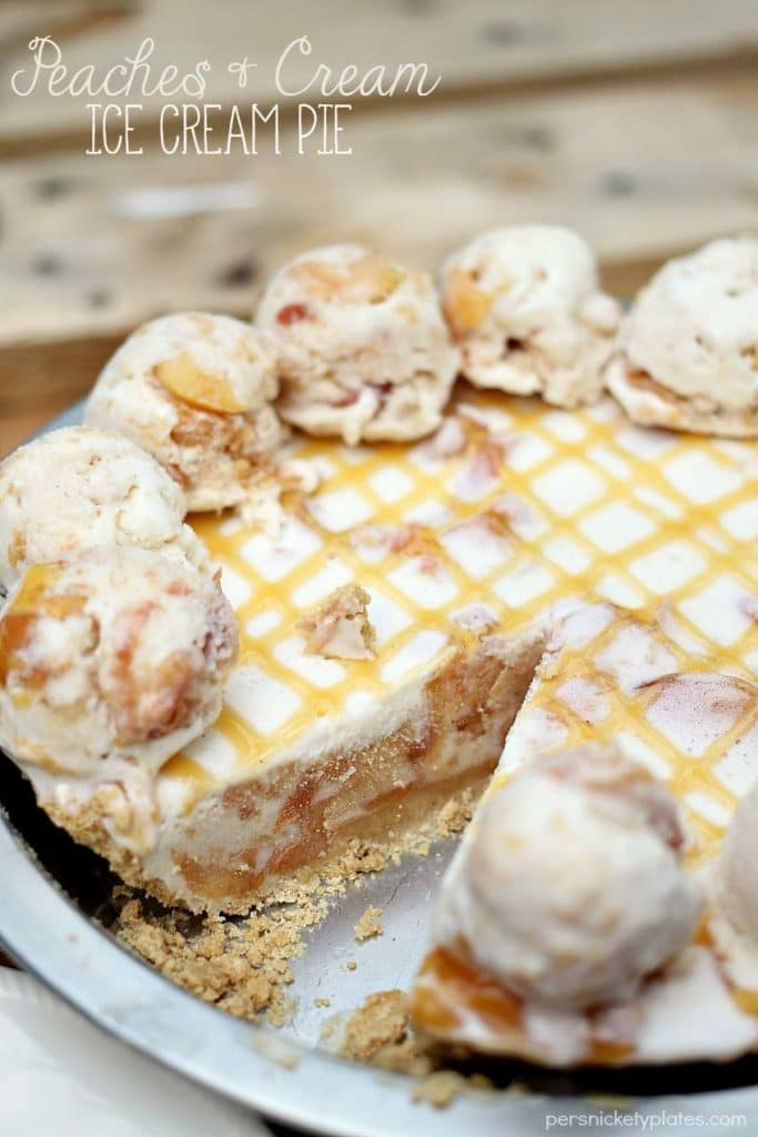 Peaches and Cream Ice Cream Pie Peaches and Cream Ice Cream Pie is filled with broiled peaches, creamy vanilla bean ice cream, in a graham cracker crust and drizzled with butterscotch sauce. The perfect dessert for a hot summer day! | Persnickety Plates #SunsOutSpoonsOut #ad