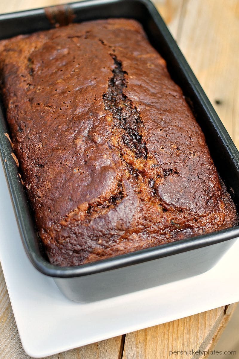 chocolate marble zucchini bread in a loaf pan
