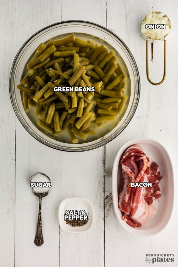 overhead shot of labeled ingredients laid out to make green beans.