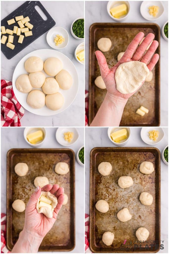 collage of 4 photos showing the process of stuffing dough with cheese.