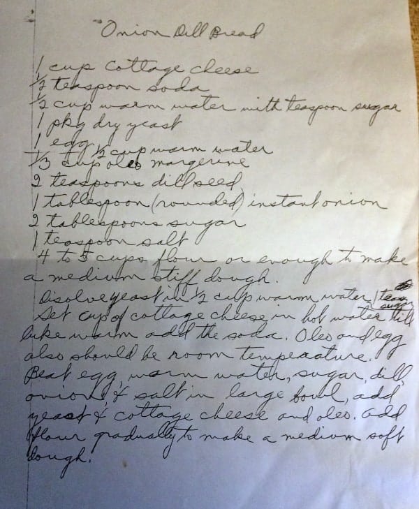 handwritten onion dill bread recipe in cursive 