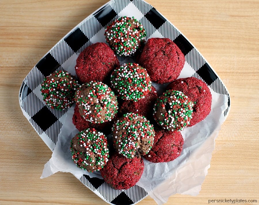 overhead shot of fudge cookie bites with christmas sprinkles