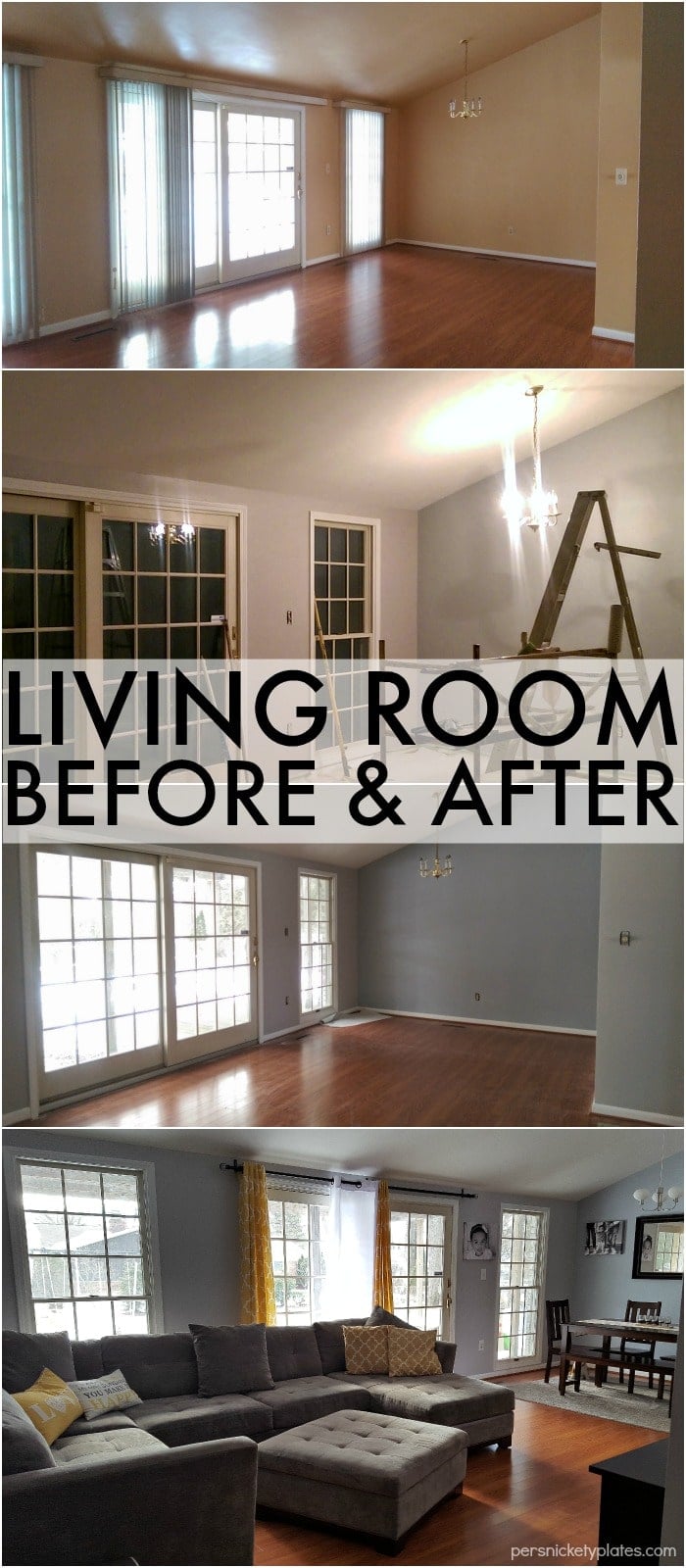 Before and after pictures of our living room/dining room done on a budget. Changing paint makes a huge difference - with Benjamin Moore Stonington Gray & Timber Wolf | Persnickety Plates