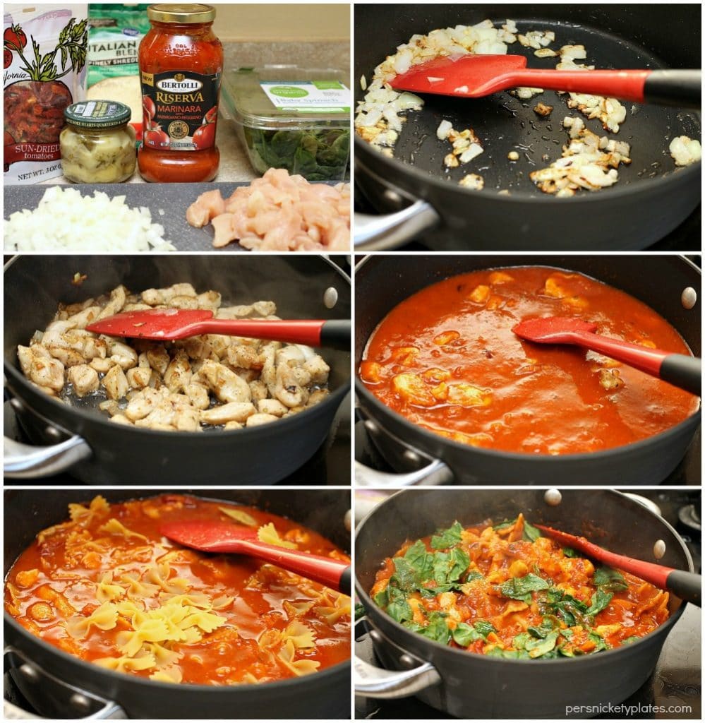 Chicken Spinach & Artichoke Pasta Skillet - a full meal loaded with spring flavors made all in the same skillet! | Persnickety Plates