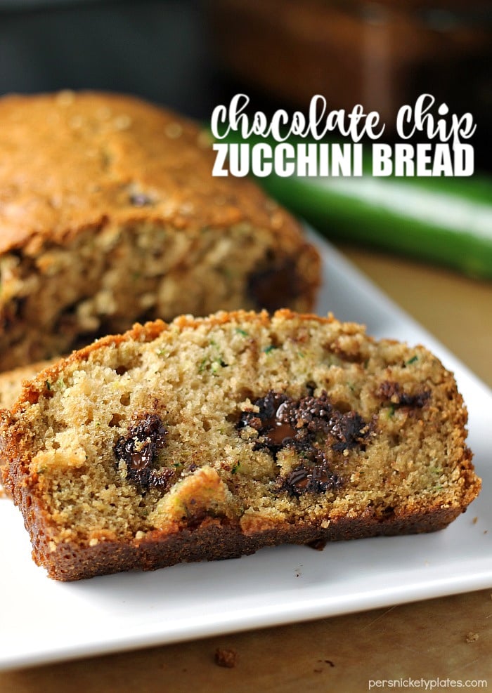 sliced chocolate chip zucchini bread on white plate