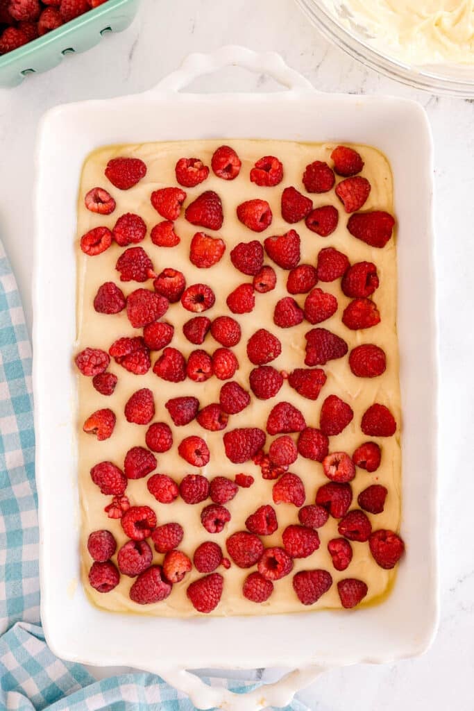 overhead shot of fresh raspberries sprinkled over cake batter.