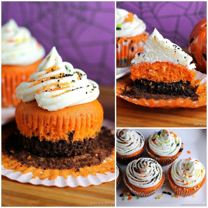 Brownie Bottom Halloween Cupcakes have a layer of dark chocolate brownie topped with orange cake batter and finished off with buttercream and sprinkles. They are the perfect mix of semi-homemade and "from scratch" to be easy but really fun and festive for your next Halloween party! | Persnickety Plates