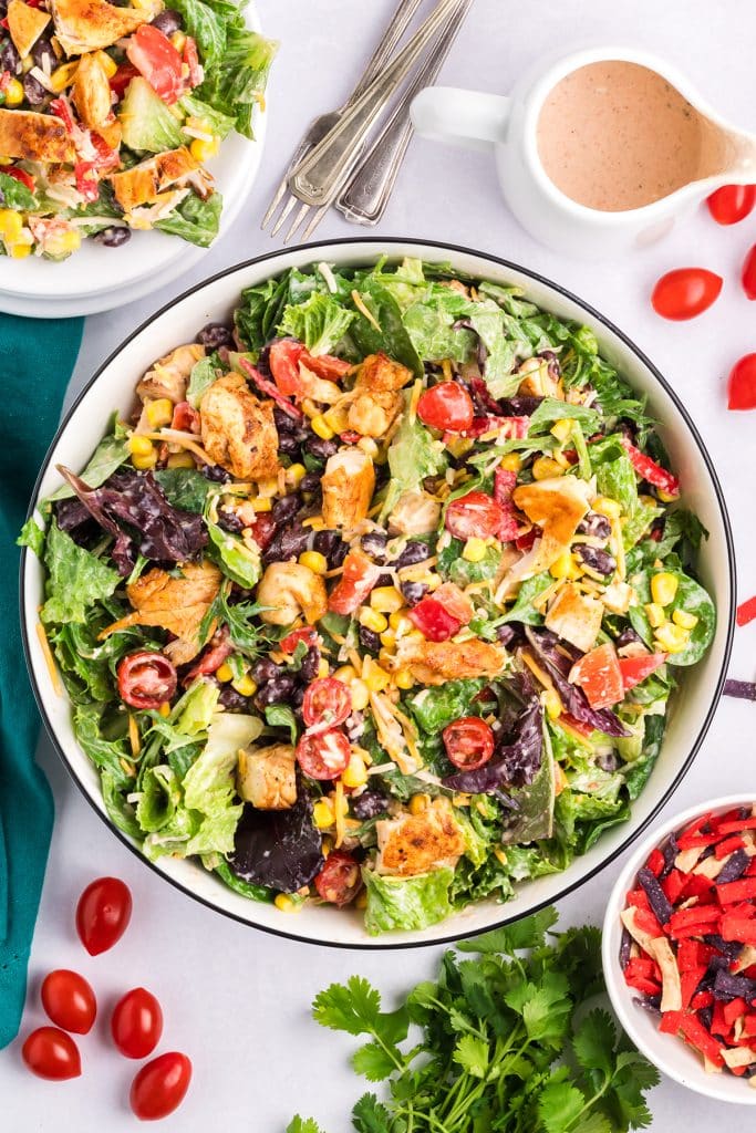 overhead shot of bowl of southwest chicken salad.