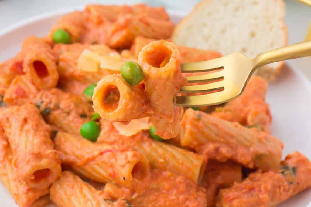 fork with a bite of rigatoni noodles.