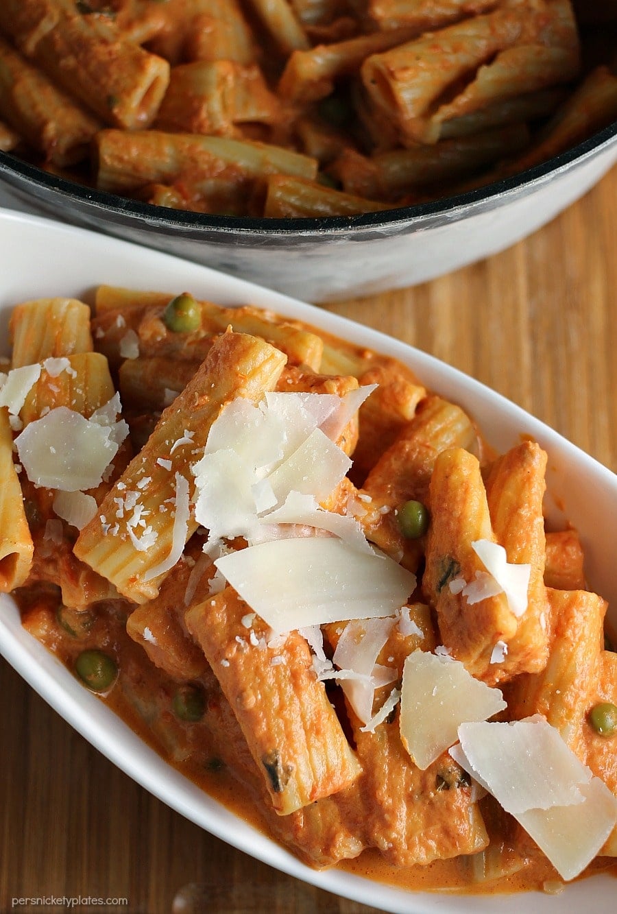 Vodka Rigatoni is creamy, comforting and easy even though it's made from scratch and it pairs beautifully with Eggplant Parmesan found in the freezer aisle. | Persnickety Plates