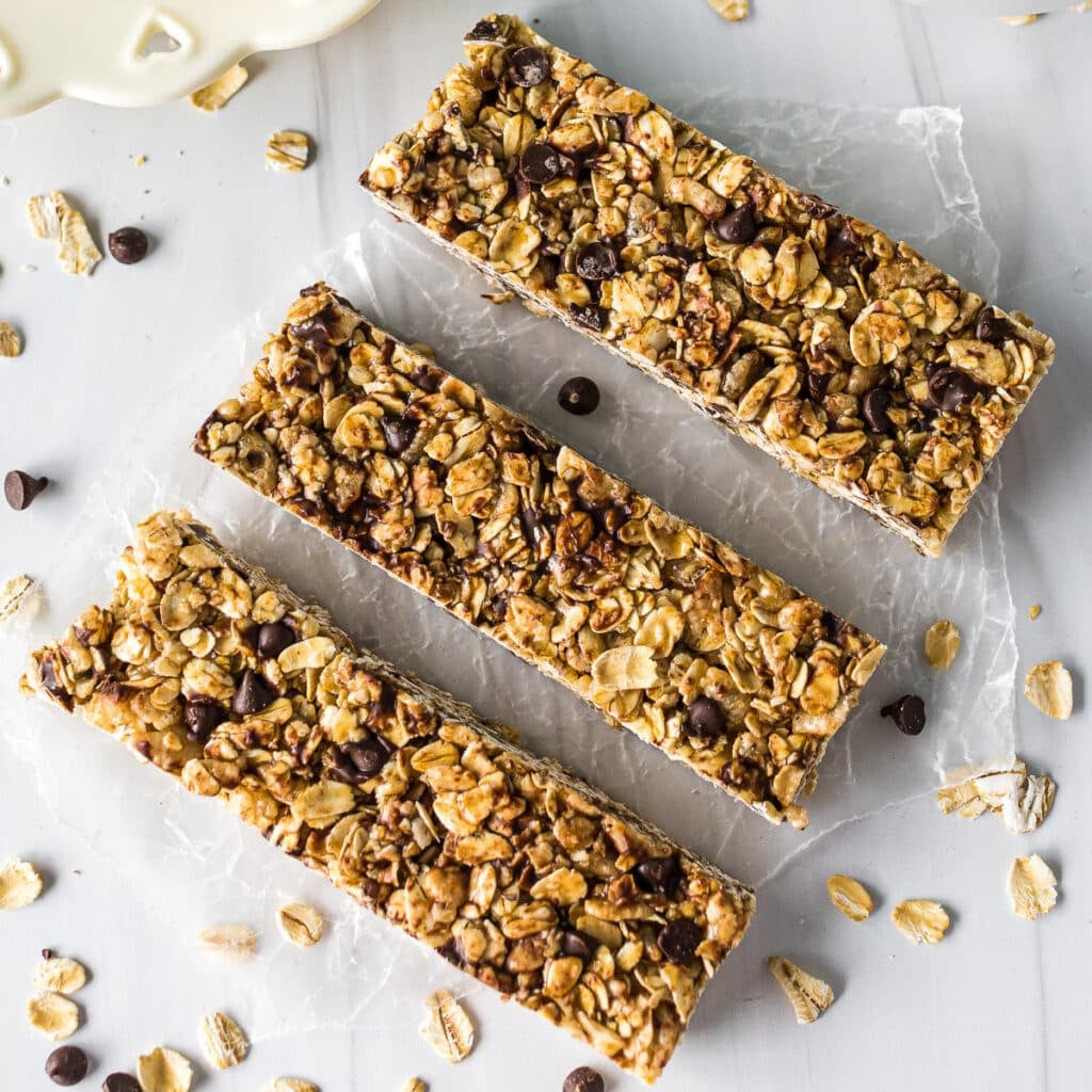three homemade chocolate chip granola bars.