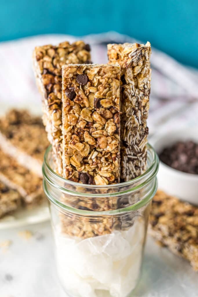 granola bars stuck into a glass jar.