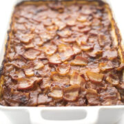 boston baked beans with bacon in a dish
