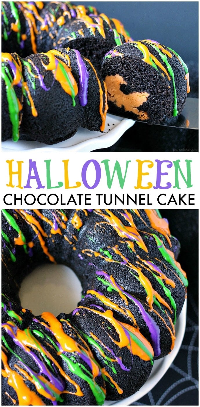 Halloween Chocolate Tunnel Cake is a moist, from scratch, dark chocolate cake filled with a tunnel of orange cheesecake center and drizzled with a cream cheese frosting. Just the right amount of festive and spooky for your Halloween party! | www.persnicketyplates.com