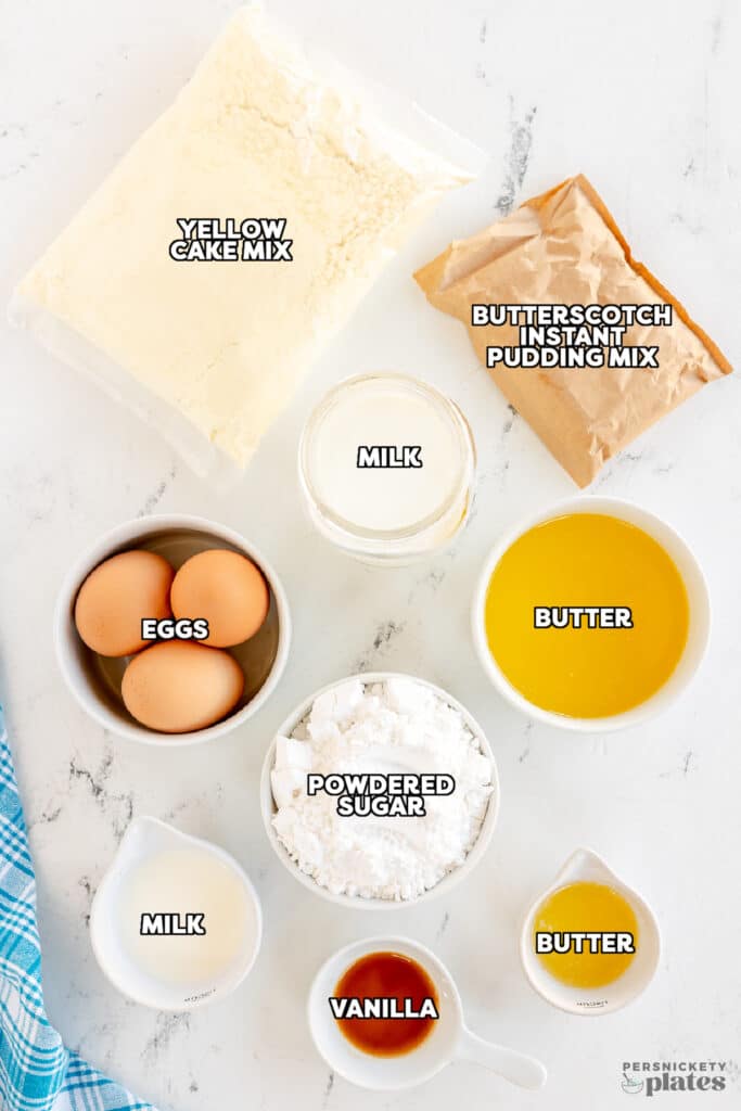 overhead shot of labeled ingredients laid out to make a butterscotch cake.