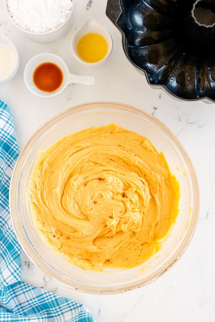 butterscotch cake batter in a mixing bowl.